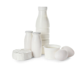 Different dairy products on white background