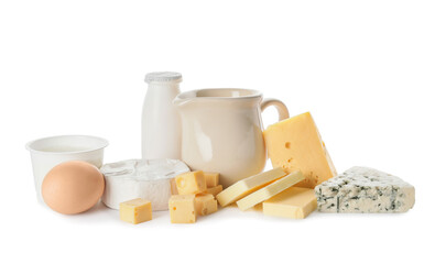 Fototapeta na wymiar Different dairy products on white background