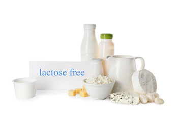 Different dairy products without lactose on white background