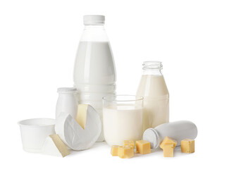 Different dairy products on white background