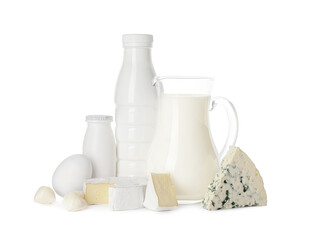 Different dairy products on white background
