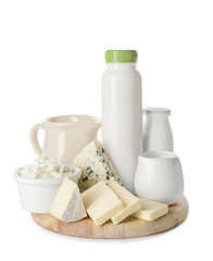 Fototapeta na wymiar Different dairy products on white background