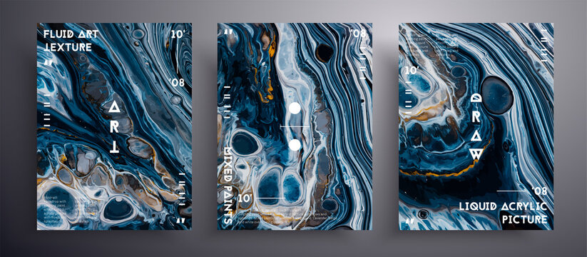 Abstract vector poster, set of modern design fluid art covers. Trendy background that can be used for design cover, poster, brochure and etc. Black, navy blue and golden creative iridescent artwork