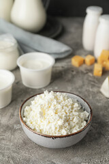 Bowl with cottage cheese and different dairy products on gray background