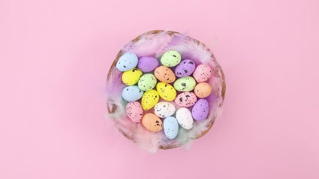 Happy Easter decoration with basket and eggs inside and blinking lights. Stop motion