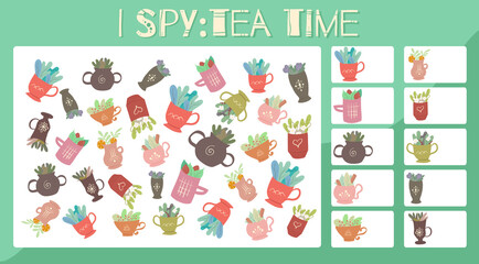 I spy game. Educational entertainment for preschool and younger school age. Spring cups of herbal teas. Flat cartoon style. How many items. Counting objects.