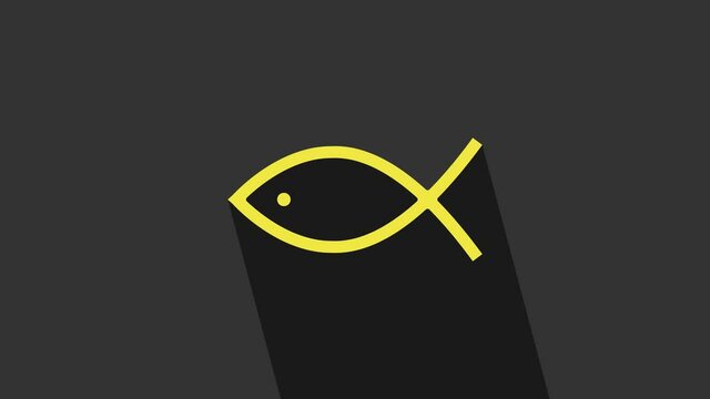 Yellow Christian fish symbol icon isolated on grey background. Jesus fish symbol. 4K Video motion graphic animation