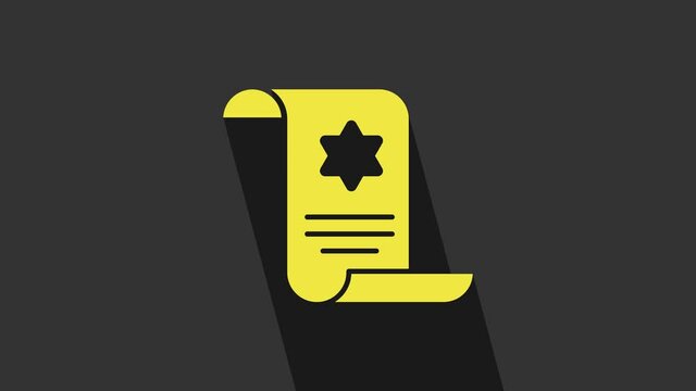 Yellow Torah scroll icon isolated on grey background. Jewish Torah in expanded form. Star of David symbol. Old parchment scroll. 4K Video motion graphic animation