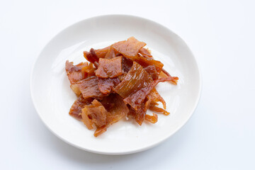 Sweet pork or pork Jerky on white background.