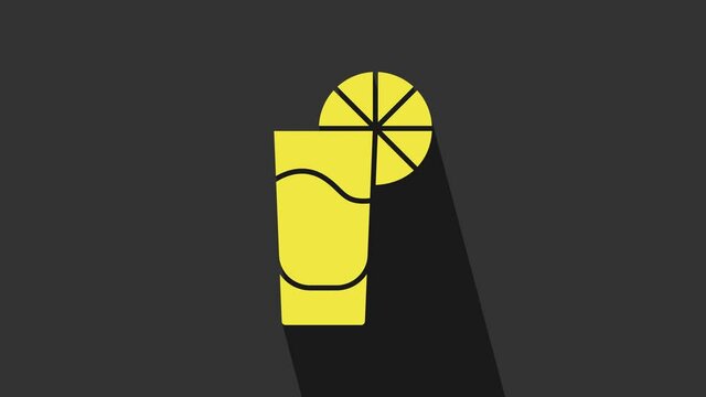 Yellow Tequila glass with lemon icon isolated on grey background. Mexican alcohol drink. 4K Video motion graphic animation