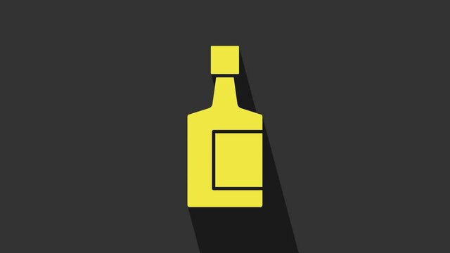 Yellow Tequila bottle icon isolated on grey background. Mexican alcohol drink. 4K Video motion graphic animation