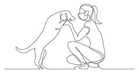 continuous line drawing of happy pet lover wearing face mask with dog