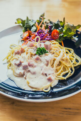 Spaghetti carbonara, a traditional Italian recipe