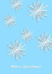 Merry Christmas, holiday, celebration greeting and invitation card, banner, frame, header, postcard. Layout template. White snowflakes on blue background. Winter flat illustration