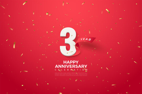 Its 3rd Anniversary with numbers and a red ribbon curved behind it.
