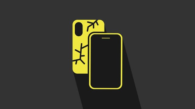 Yellow Smartphone with broken screen icon isolated on grey background. Shattered phone screen icon. 4K Video motion graphic animation