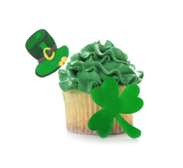 Tasty cupcake for St. Patrick's Day on white background