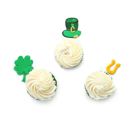Tasty cupcakes for St. Patrick's Day on white background
