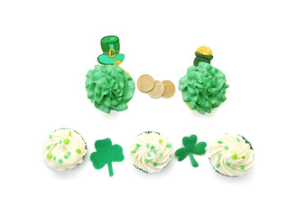 Tasty cupcakes for St. Patrick's Day on white background