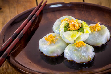 Candy Kuicheai,Garlic chives with soy source. Dim sum is chinese cuisine.