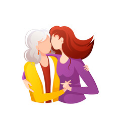 Adult daughter hugging her old mother with love. Motherhood, Parenthood, Childhood, Mother's Day, Happy family concept. Isolated vector Illustration for poster, banner, card, cover.
