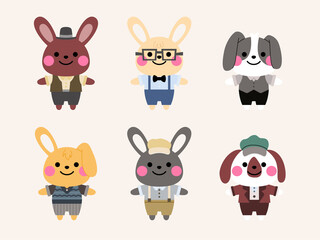 vintage rabbit character illustration set