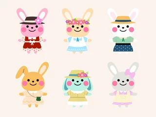 Rolgordijnen Speelgoed vintage konijn karakter illustratie set
