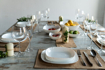Beautiful table setting with lavender flowers on wooden background