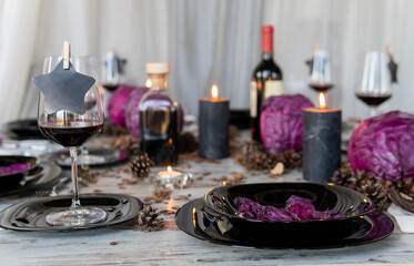 Fototapeta na wymiar Beautiful table setting with lavender flowers on wooden background