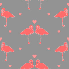 pink flamingos on gray repetitive background with hearts. simple birds. vector seamless pattern. fabric swatch. wrapping paper. continuous print. valentines romantic design element. love concept