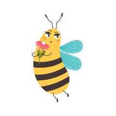 Bee sniffs flowers. Bumblebees enjoy the scent of a flower bud. Character funny animal. Vector illustration