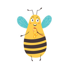 Bee with a spoonful of honey. Bumblebees eating honey. Character funny animal. Vector illustration