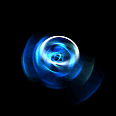 Obraz premium Spinning rays of light isolated on black background. Graphic 2D illustration of glowing colorful light particles in circular motion.