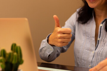 Woman doing a thumb up signal in a videoconferencing in front of a computer with a green cactus