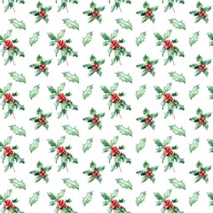watercolor illustration. Seamless pattern with holly, red berries on a white background. design for printing, wrapping paper, fabric, postcards