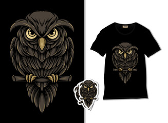 Owl mascot vector. Owl on the night illustration with t shirt design