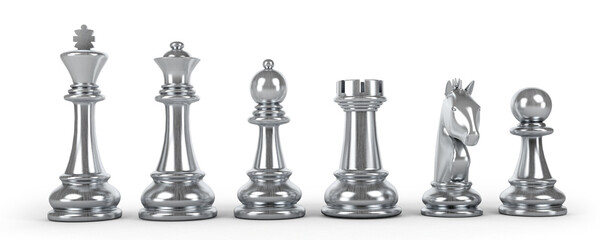 Set of silver chess pieces isolated on white background. 3d illustration. © Surendra