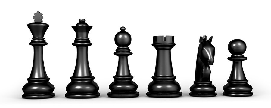 Set of black chess pieces isolated on white background. 3d illustration.