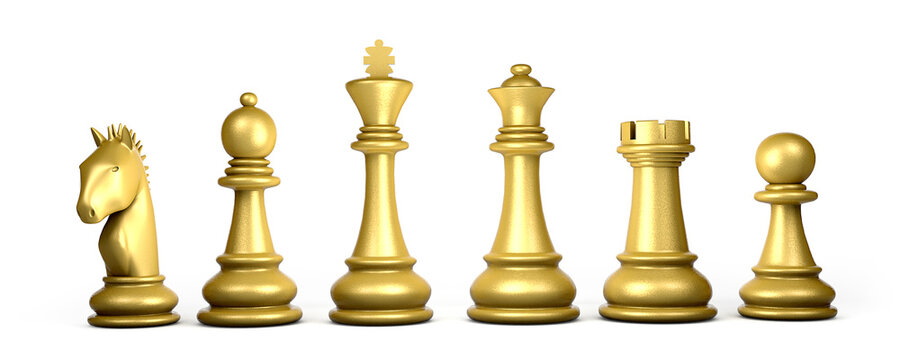 Set of Gold chess pieces isolated on white background. 3d illustration.