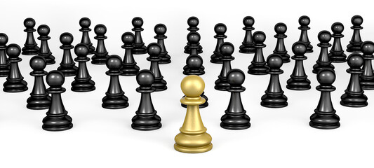 Golden Chess Pawn stands in front of black pawns. Business leadership concept. 3d illustration.