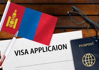 Flag of Mongolia, visa application form and passport on table