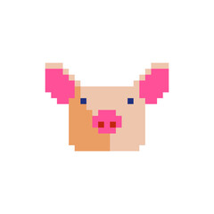 Cute piggy head flat style vector isolated illustration, pig pixel art character pork icon. Design elements for logo farm, sticker, children mobile application. Game assets. 