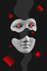 Antique sculpture of woman face surreal collage in pop art style. Modern image with cut details of statue head. Red eyes. Dark concept. Zine culture. Contemporary art poster. Funky retro minimalism.