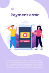 Payment error info message on smartphone.  Customer cross marks failure. Vector illustration.