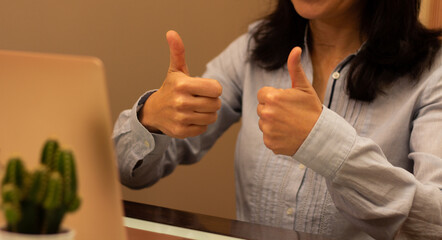 Woman doing a thumb up signal in a videoconferencing in front of a computer with a green cactus. Selective focus.
