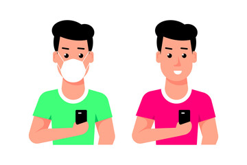 Young Man Character with Smartphone and Wearing Face Mask
