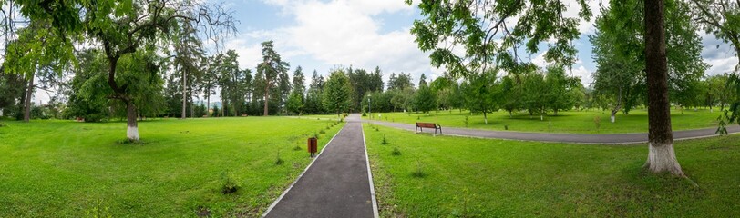 Fototapeta na wymiar panoramic view of green lawn in public park