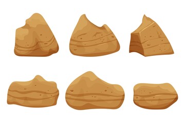 Stone boulders set isolated on white background, detailed drawing in cartoon style with cracked elements for design and ui games. Collection massive constructions. 