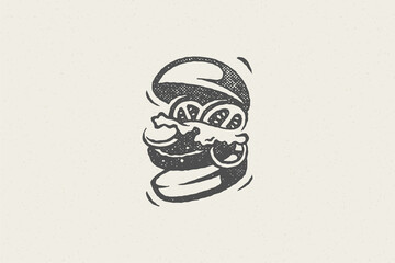 Burger silhouette as logo fast food service hand drawn stamp effect vector illustration.