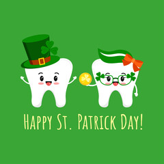 St Patrick day teeth in leprechaun hat with shamrock and glasses with gold coin. Dental tooth irish character with lucky money, clover on green hat. Flat cartoon vector Happy paddy's day illustration.